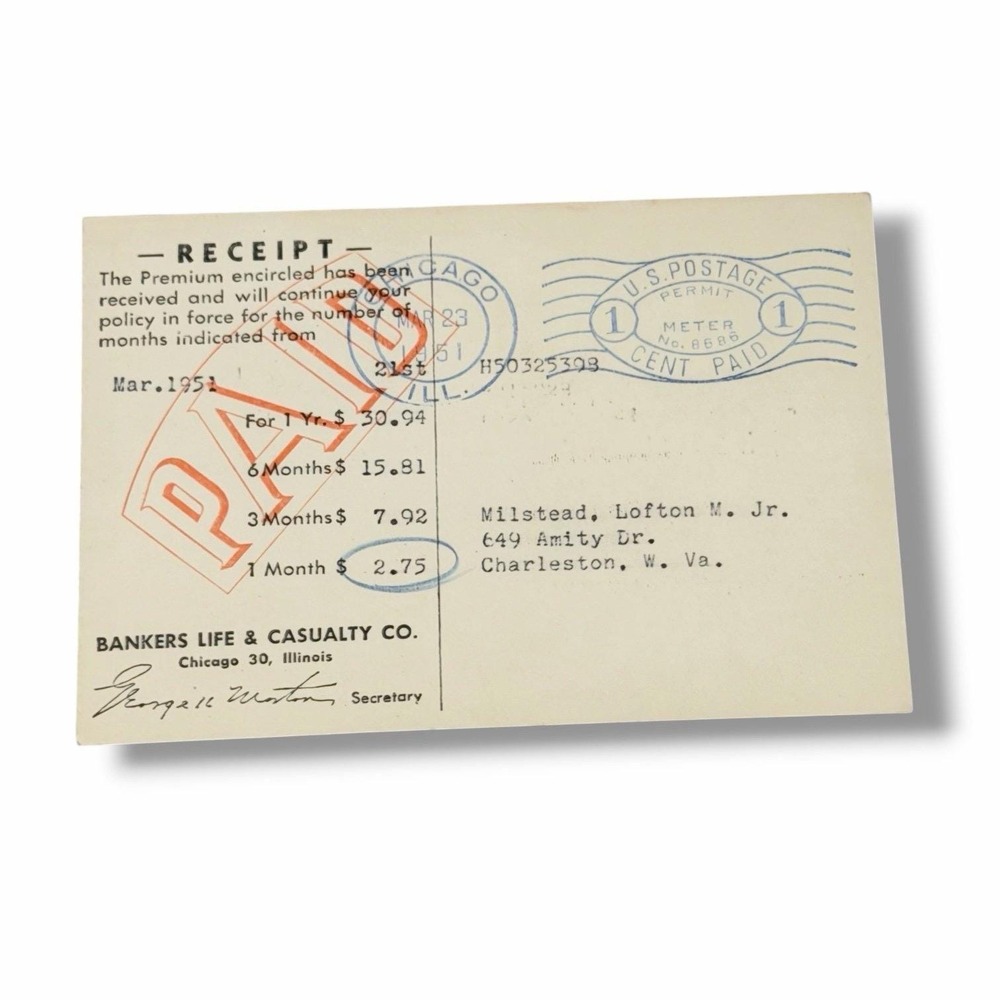 March 1951 Bankers Life & Casualty Co Insurance Receipt Card I246